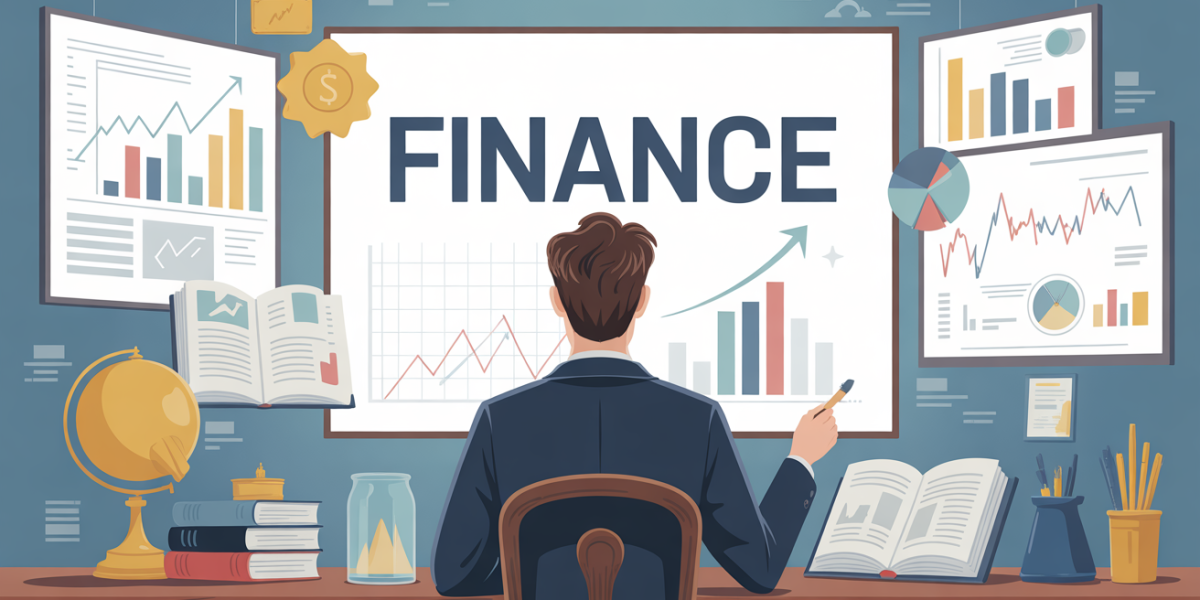 Professeur devant graphiques finance livres titre