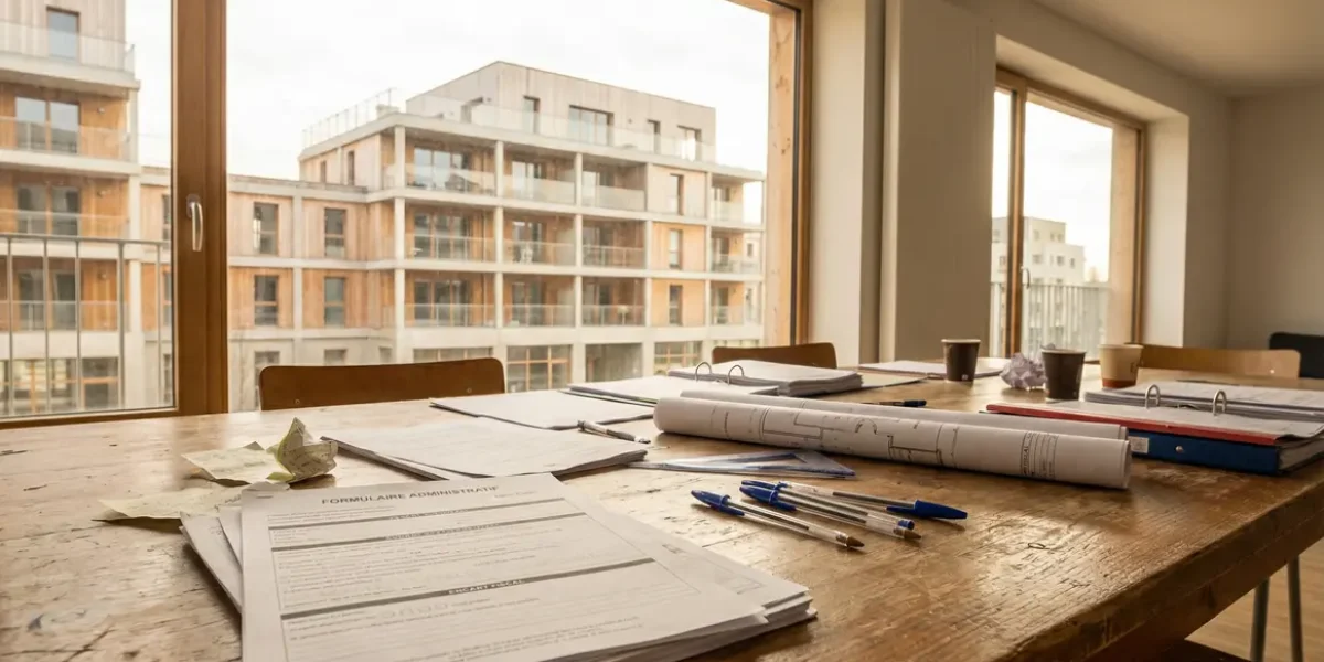 Formulaire H2 posé sur table immeuble collectif, plans et documents fiscaux