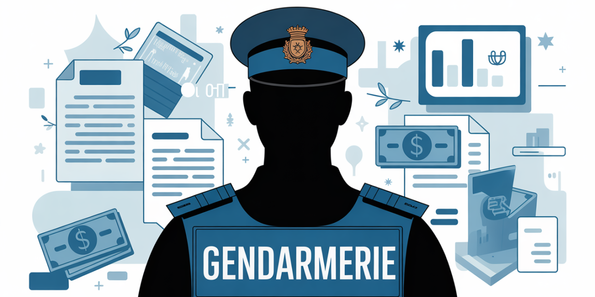 grille indiciaire sous-officier gendarmerie 2025, silhouette gendarme, symboles revenus