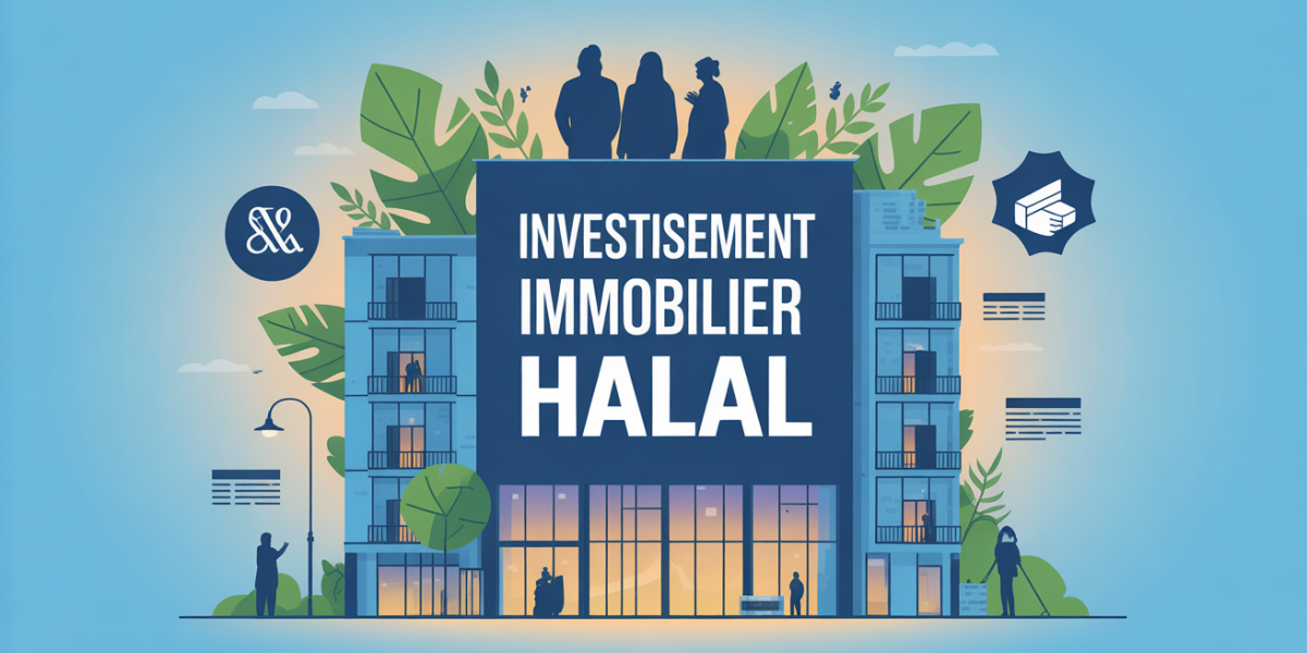 Illustration immeuble moderne et familles pour investissement immobilier halal