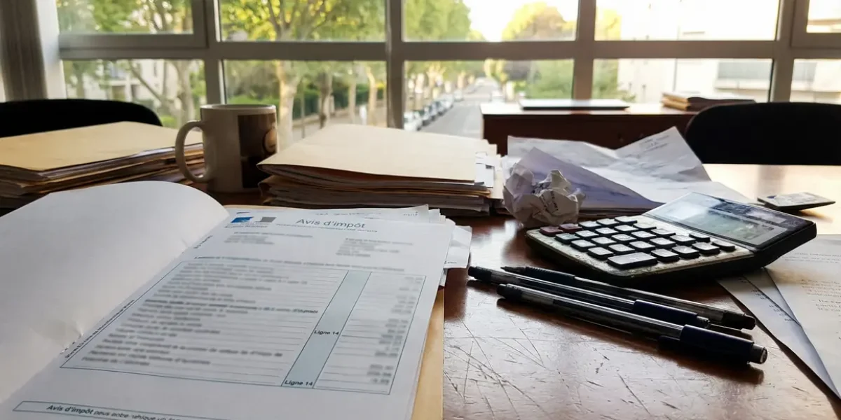 Scène bureau, avis d'imposition ligne 14, calcul impôt