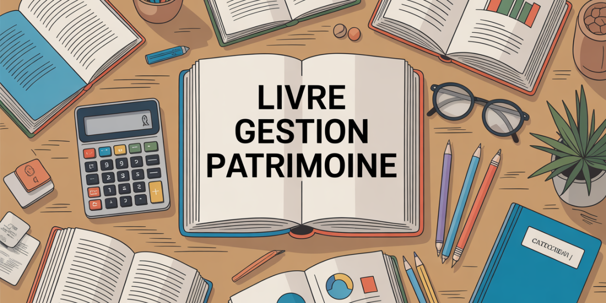 Vue d ensemble livres gestion patrimoine sur table avec outils