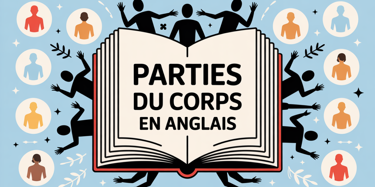 Livre ouvert stylisé avec pictogrammes partie du corps en anglais