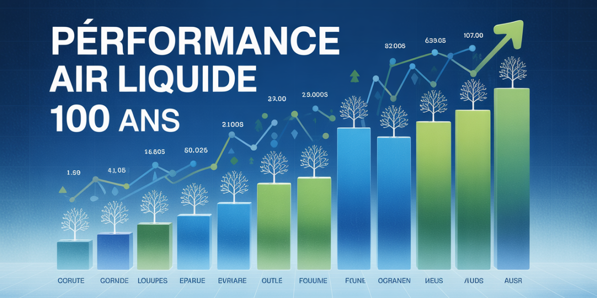 Graphique performance Air Liquide 100 ans, courbe ascendante et arbres genealogiques