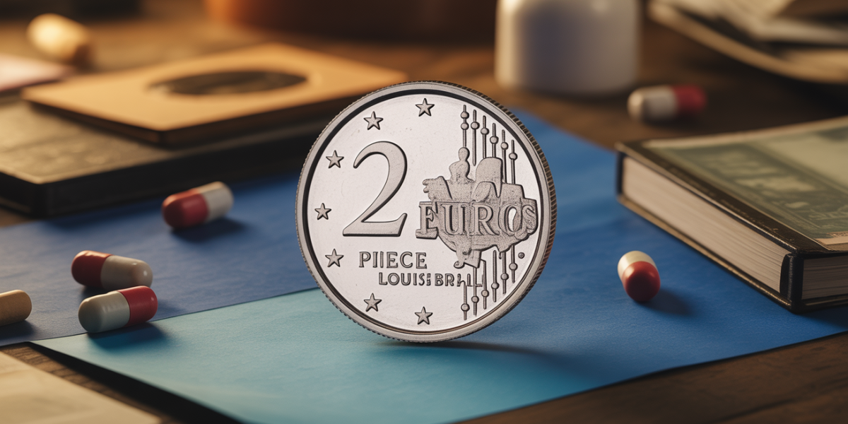 piece 2 euros Louis Braille sur fond bleu avec accessoires