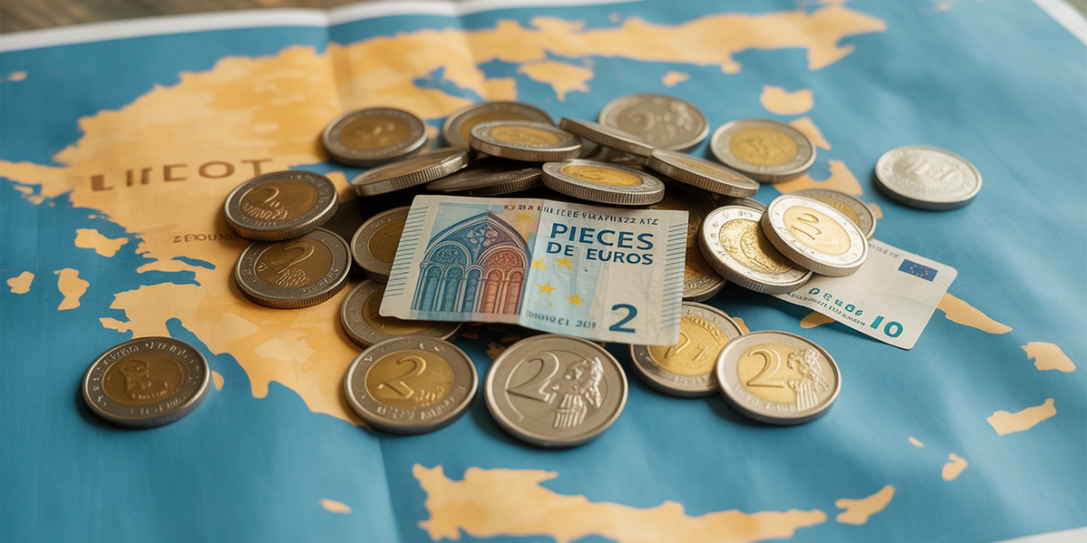 Pile de pieces grecques de 2 euros sur fond bleu carte Grece