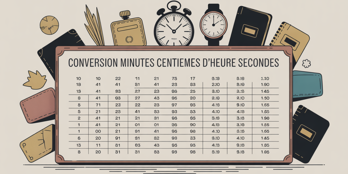Grande table de conversion minutes centièmes d'heure et secondes, ambiance claire